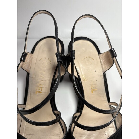Chanel Block Heels Platform Black CC Logo Leather Sandals Vintage Sz EU 39 9 - Picture 5 of 12